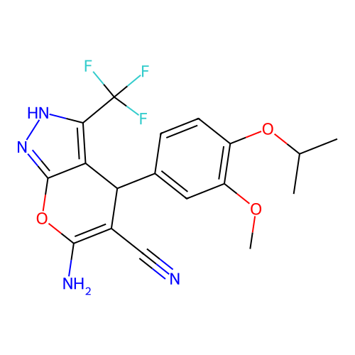 6-amino-4-(3-methoxy-4-propan-2-yloxyphenyl)-3-(trifluoromethyl)-2,4-dihydropyrano[2,3-c]pyrazole-5-carbonitrile structure