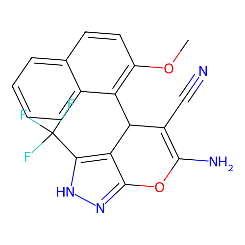 6-amino-4-(2-methoxynaphthalen-1-yl)-3-(trifluoromethyl)-2,4-dihydropyrano[2,3-c]pyrazole-5-carbonitrile structure