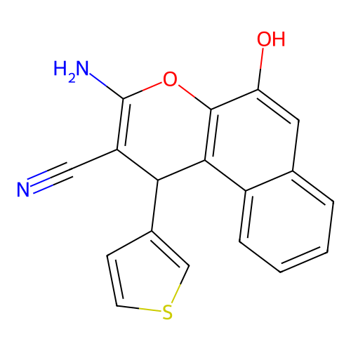 3-amino-5-hydroxy-1-(thiophen-3-yl)-1H-benzo[f]chromene-2-carbonitrile structure