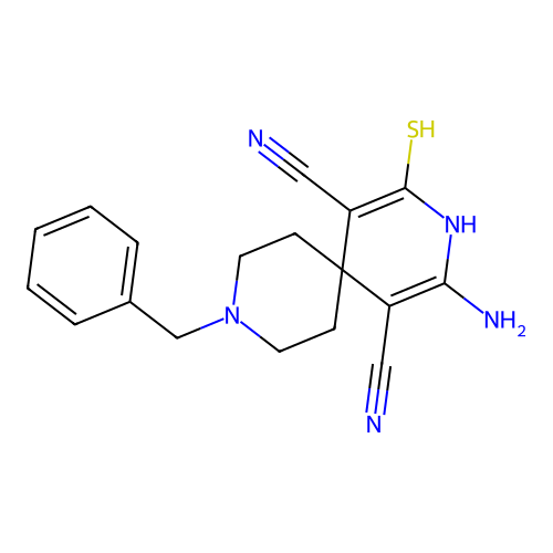 8-amino-3-benzyl-10-sulfanyl-3,9-diazaspiro[5.5]undeca-7,10-diene-7,11-dicarbonitrile structure