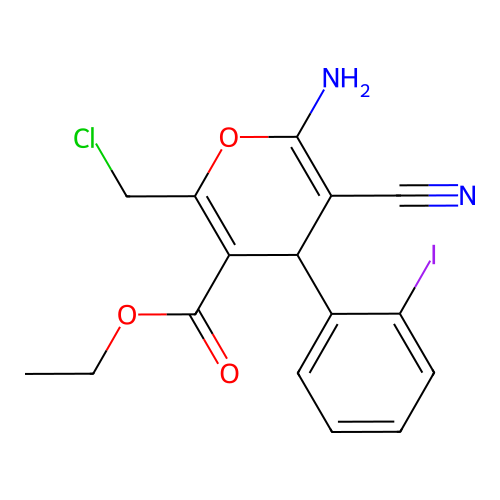 Ethyl 6-amino-2-(chloromethyl)-5-cyano-4-(2-iodophenyl)-4H-pyran-3-carboxylate structure