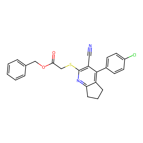 benzyl {[4-(4-chlorophenyl)-3-cyano-6,7-dihydro-5H-cyclopenta[b]pyridin-2-yl]sulfanyl}acetate structure
