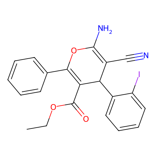 Ethyl 6-amino-5-cyano-4-(2-iodophenyl)-2-phenyl-4H-pyran-3-carboxylate structure