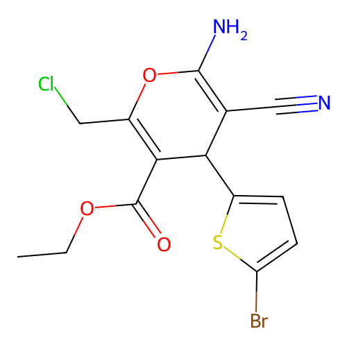 ethyl 6-amino-4-(5-bromothiophen-2-yl)-2-(chloromethyl)-5-cyano-4H-pyran-3-carboxylate structure