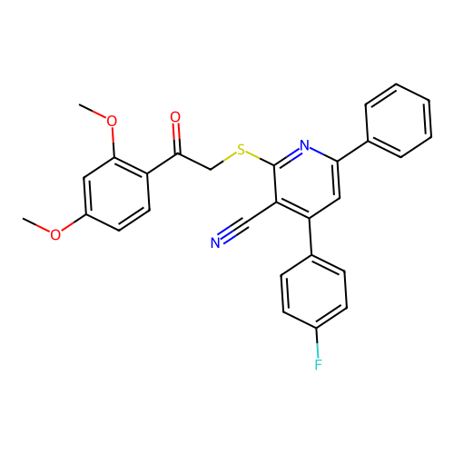 2-((2-(2,4-dimethoxyphenyl)-2-oxoethyl)thio)-4-(4-fluorophenyl)-6-phenylnicotinonitrile structure