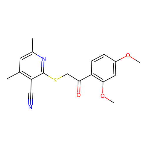 2-{[2-(2,4-dimethoxyphenyl)-2-oxoethyl]sulfanyl}-4,6-dimethylpyridine-3-carbonitrile structure