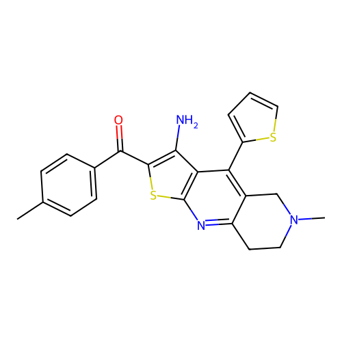 (3-amino-6-methyl-4-(thiophen-2-yl)-5,6,7,8-tetrahydrothieno[2,3-b][1,6]naphthyridin-2-yl)(p-tolyl)methanone structure