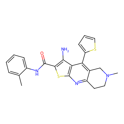 3-amino-6-methyl-4-(thiophen-2-yl)-N-(o-tolyl)-5,6,7,8-tetrahydrothieno[2,3-b][1,6]naphthyridine-2-carboxamide structure