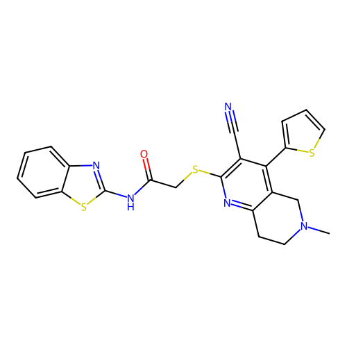 N-(1,3-benzothiazol-2-yl)-2-[(3-cyano-6-methyl-4-thiophen-2-yl-7,8-dihydro-5H-1,6-naphthyridin-2-yl)sulfanyl]acetamide structure
