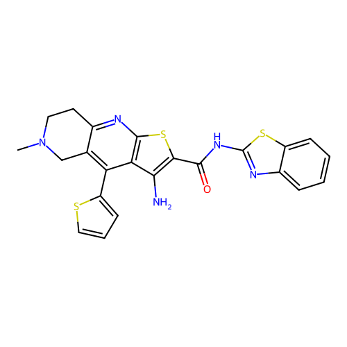 3-amino-N-(1,3-benzothiazol-2-yl)-6-methyl-4-(2-thienyl)-5,6,7,8-tetrahydrothieno[2,3-b][1,6]naphthyridine-2-carboxamide structure