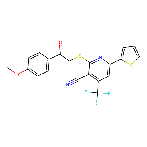 2-((2-(4-methoxyphenyl)-2-oxoethyl)thio)-6-(thiophen-2-yl)-4-(trifluoromethyl)nicotinonitrile structure