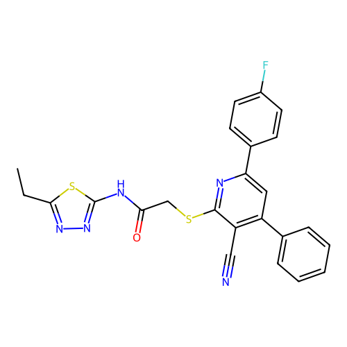 2-{[3-cyano-6-(4-fluorophenyl)-4-phenyl-2-pyridinyl]sulfanyl}-N-(5-ethyl-1,3,4-thiadiazol-2-yl)acetamide structure