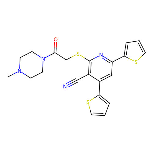 2-((2-(4-methylpiperazin-1-yl)-2-oxoethyl)thio)-4,6-di(thiophen-2-yl)nicotinonitrile structure