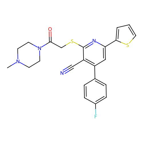 4-(4-fluorophenyl)-2-((2-(4-methylpiperazin-1-yl)-2-oxoethyl)thio)-6-(thiophen-2-yl)nicotinonitrile structure