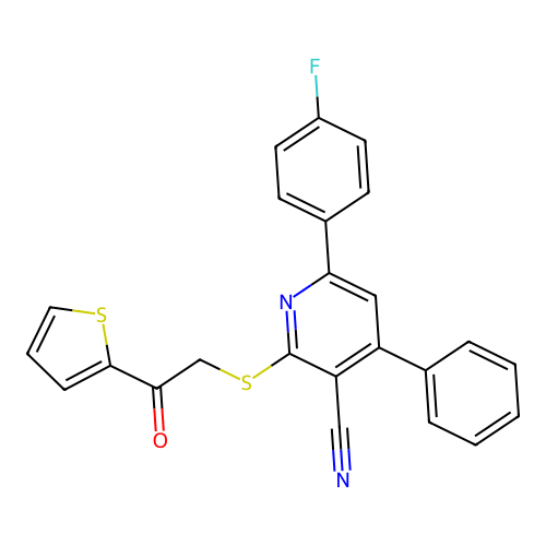 6-(4-fluorophenyl)-2-((2-oxo-2-(thiophen-2-yl)ethyl)thio)-4-phenylnicotinonitrile structure