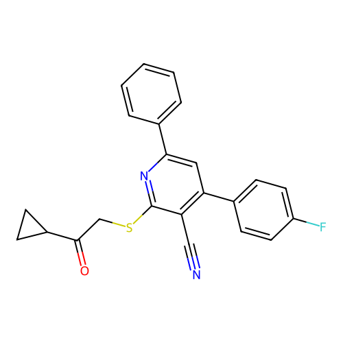 2-((2-Cyclopropyl-2-oxoethyl)thio)-4-(4-fluorophenyl)-6-phenylnicotinonitrile structure