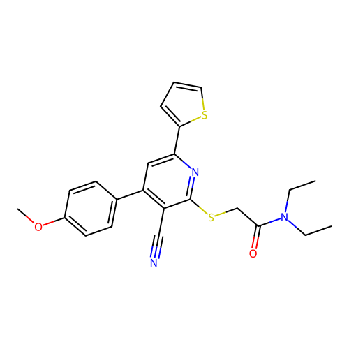 2-((3-cyano-4-(4-methoxyphenyl)-6-(thiophen-2-yl)pyridin-2-yl)thio)-N,N-diethylacetamide structure