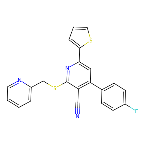 4-(4-fluorophenyl)-2-((pyridin-2-ylmethyl)thio)-6-(thiophen-2-yl)nicotinonitrile structure