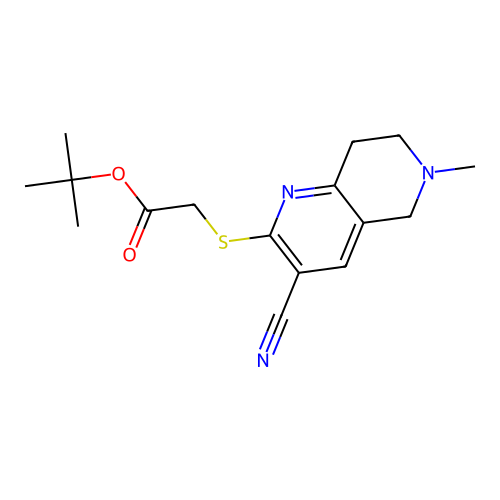 tert-butyl [(3-cyano-6-methyl-5,6,7,8-tetrahydro-1,6-naphthyridin-2-yl)sulfanyl]acetate structure