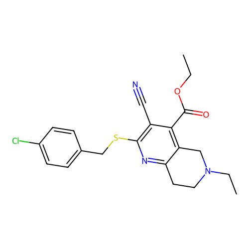 ethyl 2-((4-chlorobenzyl)thio)-3-cyano-6-ethyl-5,6,7,8-tetrahydro-1,6-naphthyridine-4-carboxylate structure