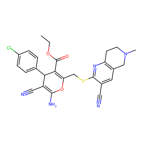 ethyl 6-amino-4-(4-chlorophenyl)-5-cyano-2-[(3-cyano-6-methyl-7,8-dihydro-5H-1,6-naphthyridin-2-yl)sulfanylmethyl]-4H-pyran-3-carboxylate structure