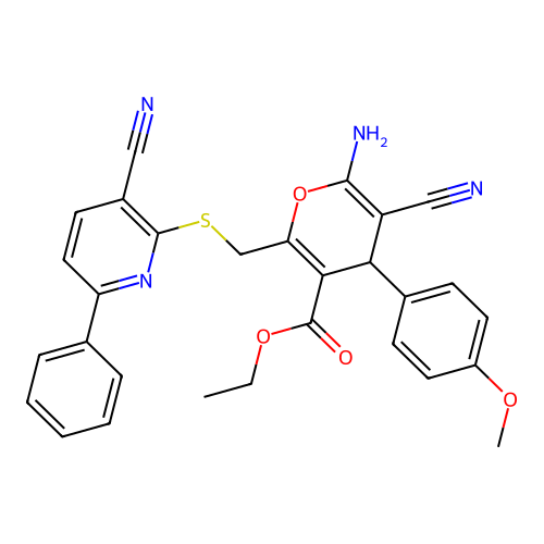 6-Amino-5-cyano-2-(3-cyano-6-phenyl-pyridin-2-ylsulfanylmethyl)-4-(4-methoxy-phenyl)-4H-pyran-3-car boxylic acid ethyl ester structure