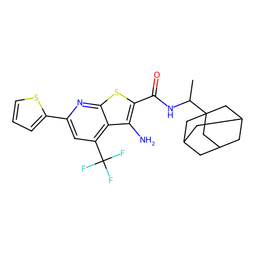 3-amino-6-(thiophen-2-yl)-N-[1-(tricyclo[3.3.1.1~3,7~]dec-1-yl)ethyl]-4-(trifluoromethyl)thieno[2,3-b]pyridine-2-carboxamide structure