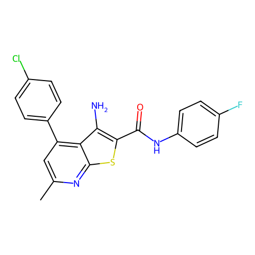 3-amino-4-(4-chlorophenyl)-N-(4-fluorophenyl)-6-methylthieno[2,3-b]pyridine-2-carboxamide structure