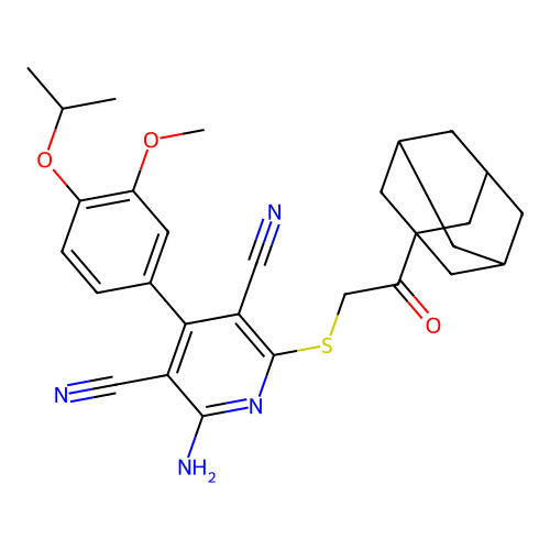 2-{[2-(1-adamantyl)-2-oxoethyl]sulfanyl}-6-amino-4-(4-isopropoxy-3-methoxyphenyl)-3,5-pyridinedicarbonitrile structure