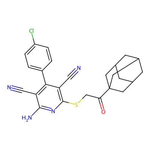 2-[[2-(1-adamantyl)-2-oxoethyl]thio]-6-amino-4-(4-chlorophenyl)pyridine-3,5-dicarbonitrile structure