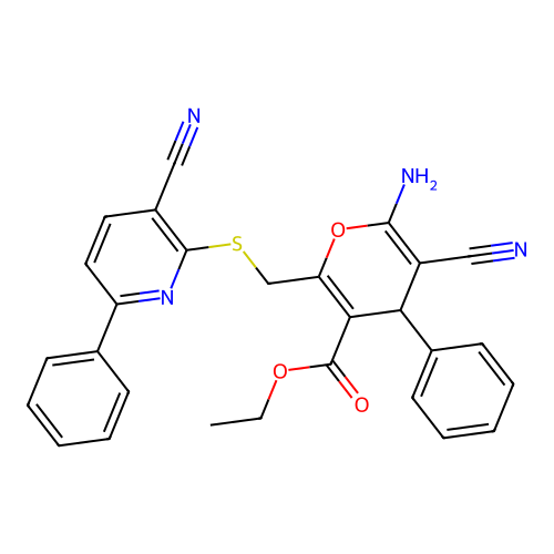 6-Amino-5-cyano-2-(3-cyano-6-phenyl-pyridin-2-ylsulfanylmethyl)-4-phenyl-4H-pyran-3-carboxylic acid  ethyl ester structure