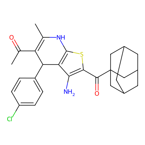 1-(2-((3r,5r,7r)-adamantane-1-carbonyl)-3-amino-4-(4-chlorophenyl)-6-methyl-4,7-dihydrothieno[2,3-b]pyridin-5-yl)ethanone structure