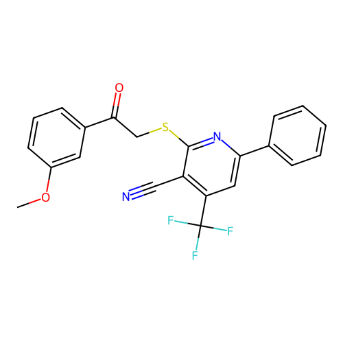 2-((2-(3-methoxyphenyl)-2-oxoethyl)thio)-6-phenyl-4-(trifluoromethyl)nicotinonitrile structure