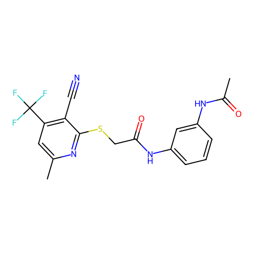 N-(3-acetamidophenyl)-2-((3-cyano-6-methyl-4-(trifluoromethyl)pyridin-2-yl)thio)acetamide structure