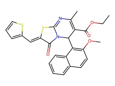 (Z)-ethyl 5-(2-methoxynaphthalen-1-yl)-7-methyl-3-oxo-2-(thiophen-2-ylmethylene)-3,5-dihydro-2H-thiazolo[3,2-a]pyrimidine-6-carboxylate structure