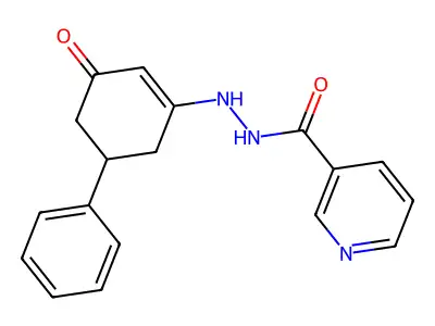 3-Pyridinecarboxylic acid, 2-(3-oxo-5-phenyl-1-cyclohexen-1-yl)hydrazide structure