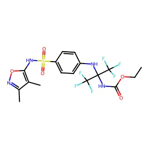 ethyl (2-((4-(N-(3,4-dimethylisoxazol-5-yl)sulfamoyl)phenyl)amino)-1,1,1,3,3,3-hexafluoropropan-2-yl)carbamate structure