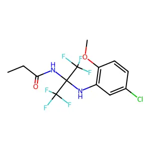 N-[2-(5-chloro-2-methoxyanilino)-1,1,1,3,3,3-hexafluoropropan-2-yl]propanamide structure