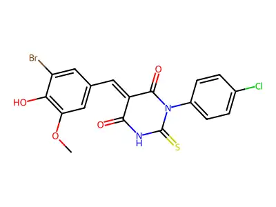 (5E)-5-[(3-bromo-4-hydroxy-5-methoxyphenyl)methylidene]-1-(4-chlorophenyl)-2-sulfanylidene-1,3-diazinane-4,6-dione structure