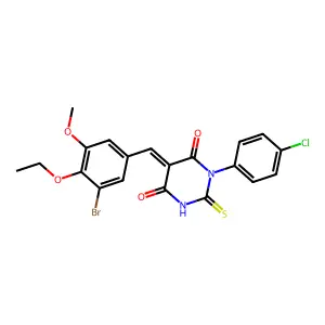 (5E)-5-[(3-bromo-4-ethoxy-5-methoxyphenyl)methylidene]-1-(4-chlorophenyl)-2-sulfanylidene-1,3-diazinane-4,6-dione structure