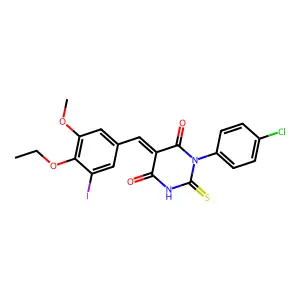 (5E)-1-(4-chlorophenyl)-5-[(4-ethoxy-3-iodo-5-methoxyphenyl)methylidene]-2-sulfanylidene-1,3-diazinane-4,6-dione structure