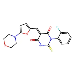 (5E)-1-(2-fluorophenyl)-5-[(5-morpholin-4-ylfuran-2-yl)methylidene]-2-sulfanylidene-1,3-diazinane-4,6-dione structure