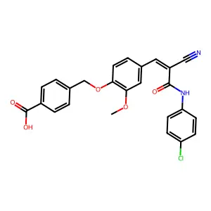 (Z)-4-((4-(3-((4-chlorophenyl)amino)-2-cyano-3-oxoprop-1-en-1-yl)-2-methoxyphenoxy)methyl)benzoic acid structure