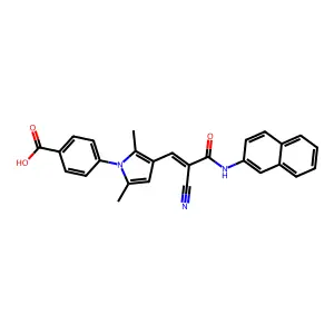 (Z)-4-(3-(2-cyano-3-(naphthalen-2-ylamino)-3-oxoprop-1-en-1-yl)-2,5-dimethyl-1H-pyrrol-1-yl)benzoic acid structure