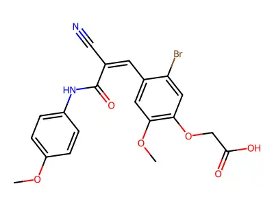 (5-bromo-4-{(1Z)-2-cyano-3-[(4-methoxyphenyl)amino]-3-oxoprop-1-en-1-yl}-2-methoxyphenoxy)acetic acid structure