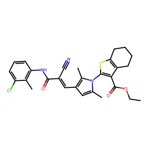 ethyl 2-[3-[(E)-3-(3-chloro-2-methylanilino)-2-cyano-3-oxoprop-1-enyl]-2,5-dimethylpyrrol-1-yl]-4,5,6,7-tetrahydro-1-benzothiophene-3-carboxylate structure