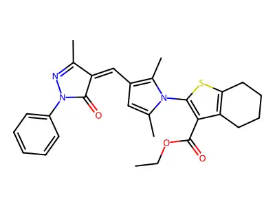 (Z)-ethyl 2-(2,5-dimethyl-3-((3-methyl-5-oxo-1-phenyl-1H-pyrazol-4(5H)-ylidene)methyl)-1H-pyrrol-1-yl)-4,5,6,7-tetrahydrobenzo[b]thiophene-3-carboxylate structure