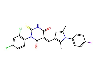(5E)-1-(2,4-dichlorophenyl)-5-[[1-(4-iodophenyl)-2,5-dimethylpyrrol-3-yl]methylidene]-2-sulfanylidene-1,3-diazinane-4,6-dione structure