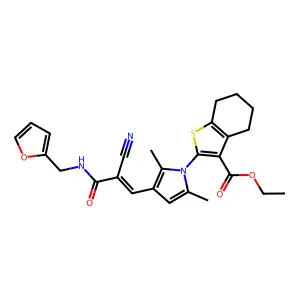 ethyl 2-(3-{(1E)-2-cyano-3-[(furan-2-ylmethyl)amino]-3-oxoprop-1-en-1-yl}-2,5-dimethyl-1H-pyrrol-1-yl)-4,5,6,7-tetrahydro-1-benzothiophene-3-carboxylate structure