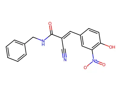N-benzyl-2-cyano-3-(4-hydroxy-3-nitrophenyl)prop-2-enamide structure